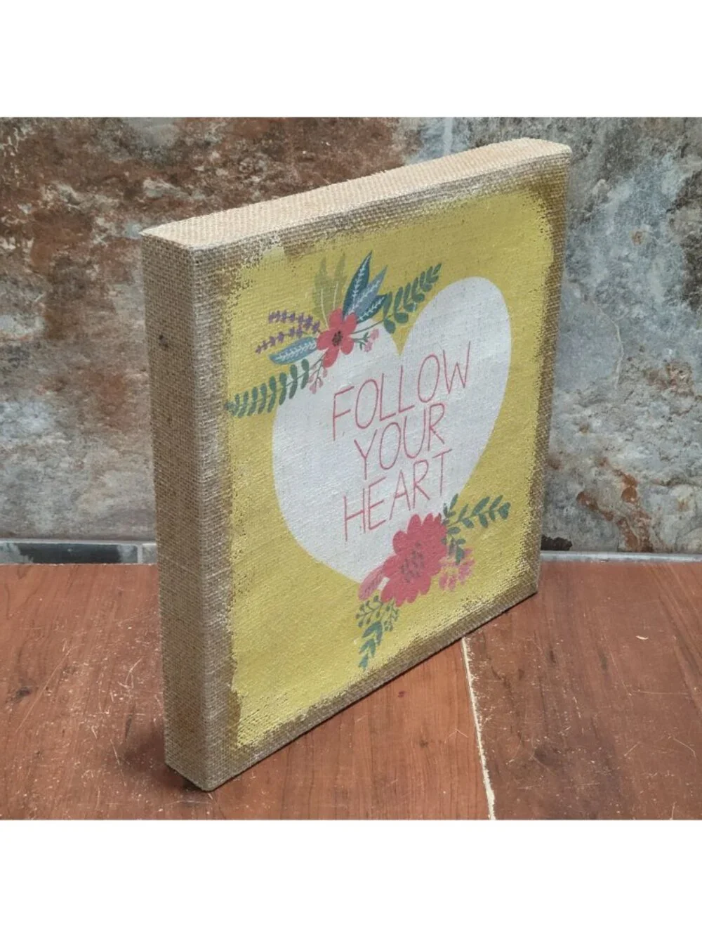 Follow Your Heart Rustic Burlap Canvas Wall Art Floral Heart Love Sign 12 x 12
